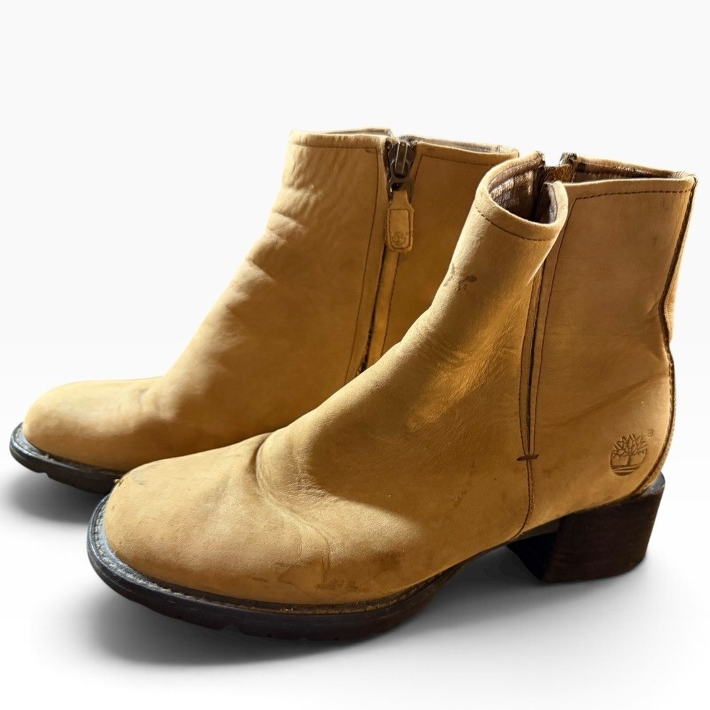 Timberland Womens Tan Leather Square Toe Zip Ankle Boots Block Heel 6.5M 21329